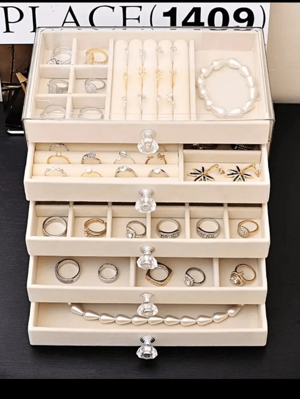 Beige Velvet 5-Drawer Jewelry Organizer Box - Elegant Home Storage